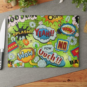 Tempered Glass Cutting Board, Pop Art Comic Cutting Board, Glass Cutting Board, 2 Sizes, Kitchen Accessories, Kitchen Tools