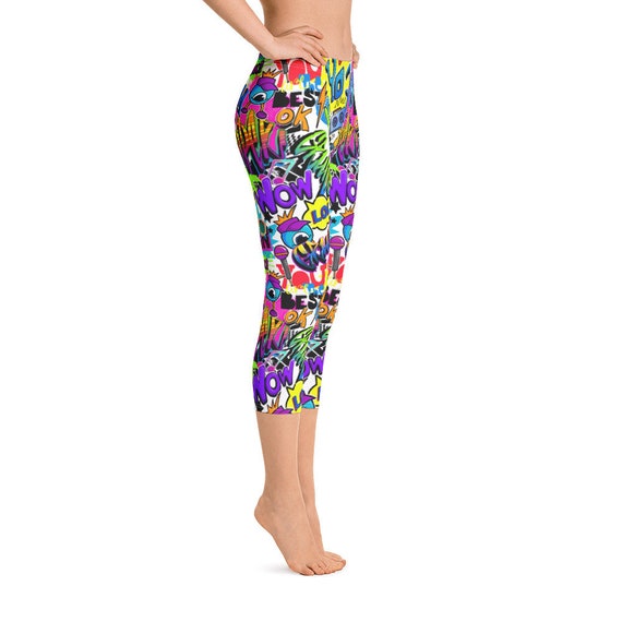 Womens Capri Leggings, Retro 80's 90's Neon Leggings, Paint Stretch Capri's,  Womens Yoga Pants, Polyester Spandex Capri XS S M L XL Size, 