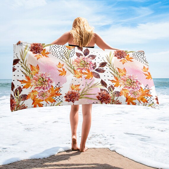 Large Beach Towel, 30 X 60 Inch Towel, Bath Towel, Autumn Floral Fall Print  Towel, Custom Autumn Leaves Holiday Designer Premium Towel 