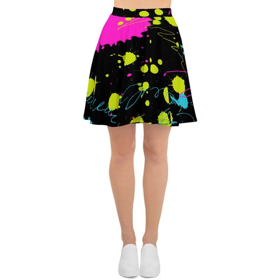 Womens Skater Skirt Circle Skirt Neon Retro Paint Splatter Skirt Custom 80 s 90 s Neon Skirt XS 3XL size Custom All Over Print Skirt