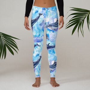 Womens Leggings, Ocean Waves Dolphin Leggings, Sea Workout Exercise Leggings, Womens Yoga Pants, Polyester Spandex Leggings XS S M L XL Size