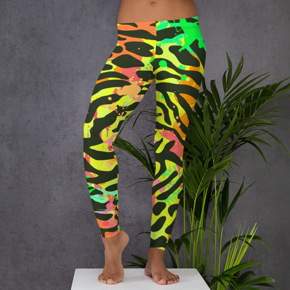 Womens Leggings, Retro 80s Neon Leggings, Animal Print Neon Stretch Leggings,  Womens Yoga Pants, Polyester Spandex Leggings XS S M L XL Size 