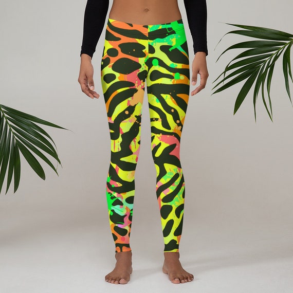 Womens Leggings, Retro 80s Neon Leggings, Animal Print Neon