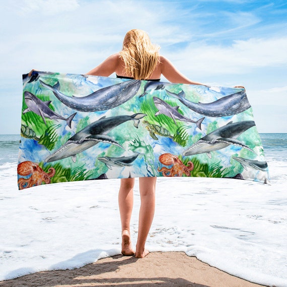 Large Beach Towel, 30 X 60 Inch Towel, Bath Towel, Octopus Whale Towel,  Custom Bath Towel, Oversized Beach Towel, Fish Ocean Print Towel 