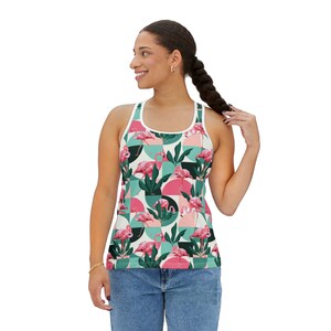 Women&#39;s Racerback Tank Top, Tropical Flamingo Tank Top, Silky Polyester Spandex Flowy Tank, Sporty Tank Top, Sizes S-2XL