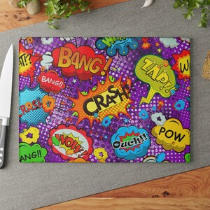 Tempered Glass Cutting Board, Pop Art Comic Cutting Board, Glass Cutting Board, 2 Sizes, Kitchen Accessories, Kitchen Tools