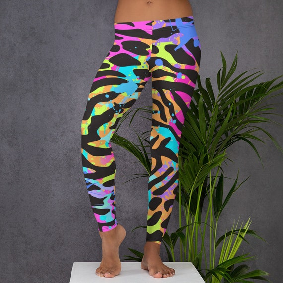 Womens Leggings, Retro 80s Neon Leggings, Animal Print Neon