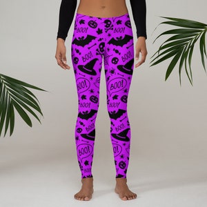 Halloween Leggings, Womens Adult Yoga Pants, Witches Hat Bats Halloween Clothing, Polyester Spandex Leggings XS-XL Size, Holiday Leggings