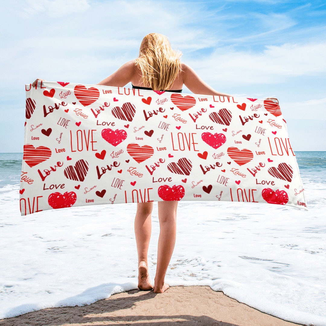 Toalla de playa grande, toalla de 30 x 60 pulgadas, toalla de baño, toalla  de impresión de amor de los corazones del día de San Valentín, ropa de cama