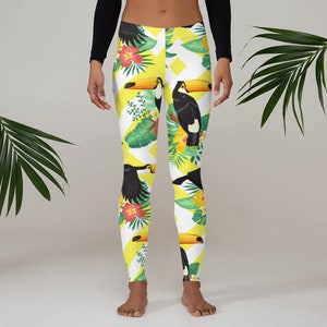 Womens Leggings, Tropical Bird Leggings, Floral Workout Exercise Leggings, Womens Yoga Pants, Polyester Spandex Leggings XS S M L XL Size