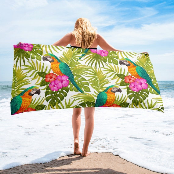 Large Beach Towel, 30 X 60 Inch Towel, Bath Towel, Tropical Floral Print  Towel, Custom Beach Towel, Oversized Pool Towel, Parrot Bird Towel 