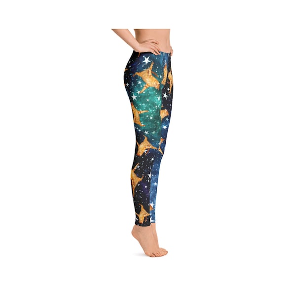 Womens Leggings, Flying Cat Galaxy Star Print Leggings, Funny