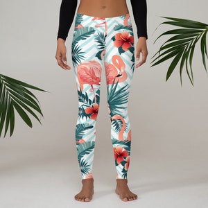 Womens Leggings, Tropical Flamingo Leggings, Bird Workout Exercise Leggings, Womens Yoga Pants, Polyester Spandex Leggings XS S M L XL Size