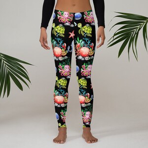 Womens Leggings, Ocean Fish Turtle Leggings, Sea Workout Exercise Leggings, Womens Yoga Pants, Polyester Spandex Leggings XS S M L XL Size