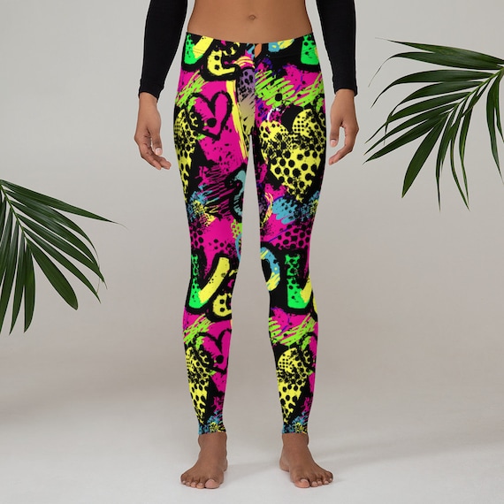 Womens Leggings, Retro 80's 90's Neon Leggings, Abstract Stretch