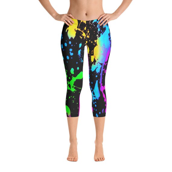 Womens Capri Leggings, Retro 80s Neon Leggings, Paint Splatter