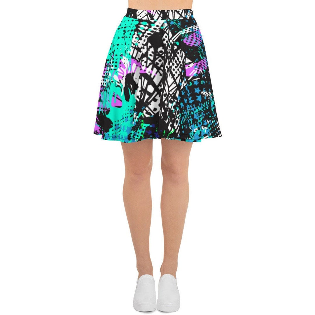 Womens Skater Skirt, Circle Skirt, Neon Retro Paint Splatter Skirt