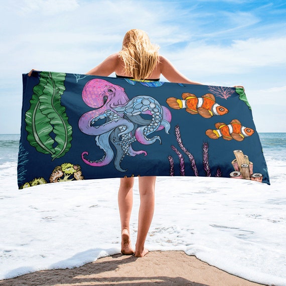 Large Beach Towel, 30 X 60 Inch Towel, Bath Towel, Octopus Fish Towel,  Custom Bath Towel, Oversized Beach Towel, Fish Ocean Print Towel 