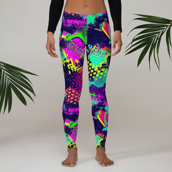 Womens Leggings, Retro 80's 90's Neon Leggings, Abstract Stretch Leggings,  Womens Yoga Pants, Polyester Spandex Leggings XS S M L XL Size 