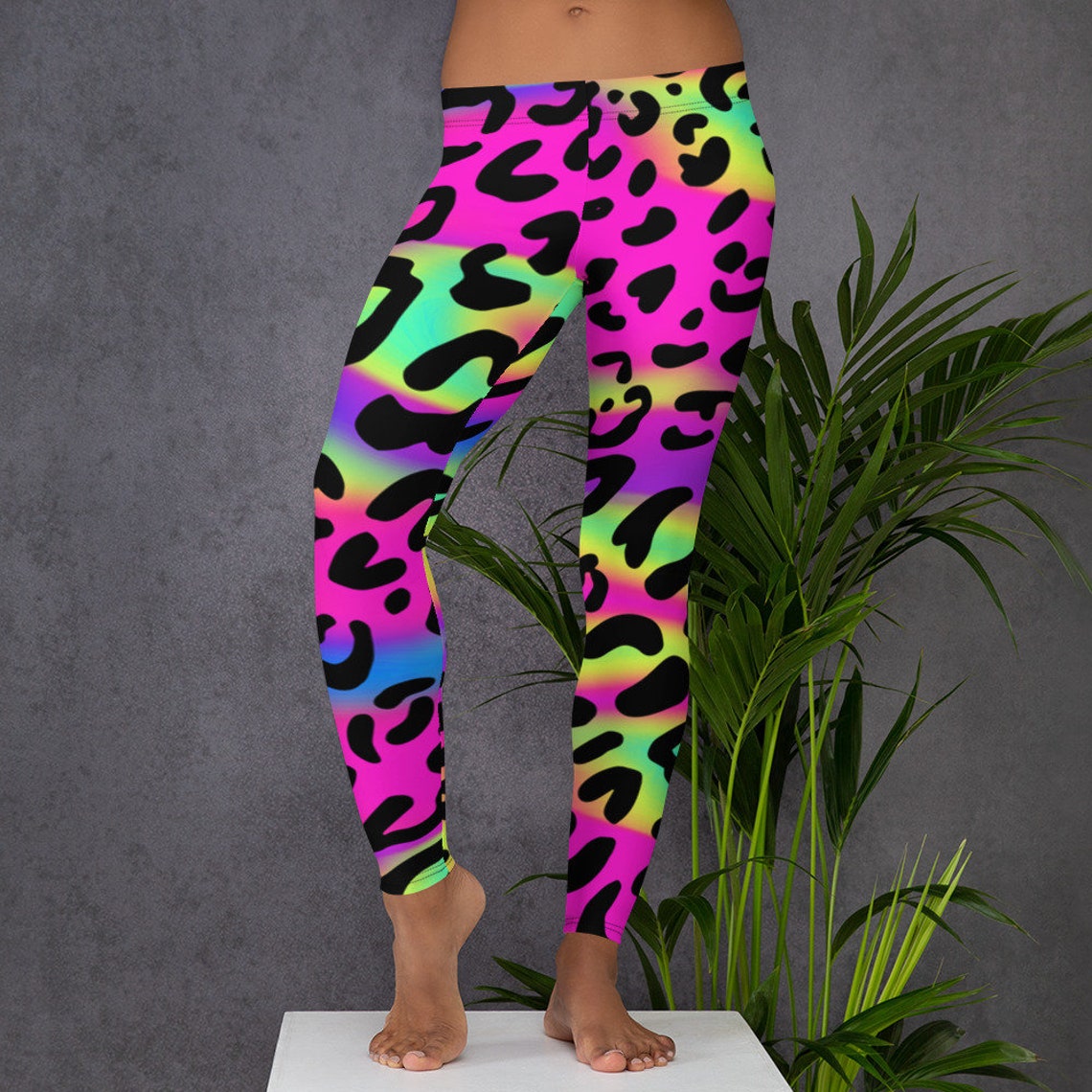 Womens Leggings Retro 80s Neon Leggings Animal Print Neon Etsy