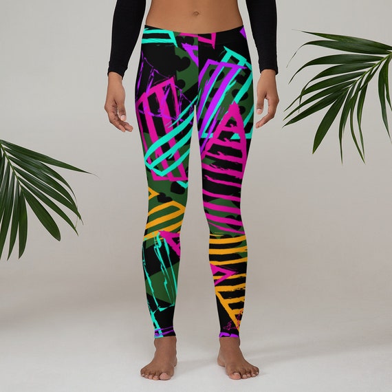 Womens Leggings, Retro 80's 90's Neon Leggings, Abstract Stretch