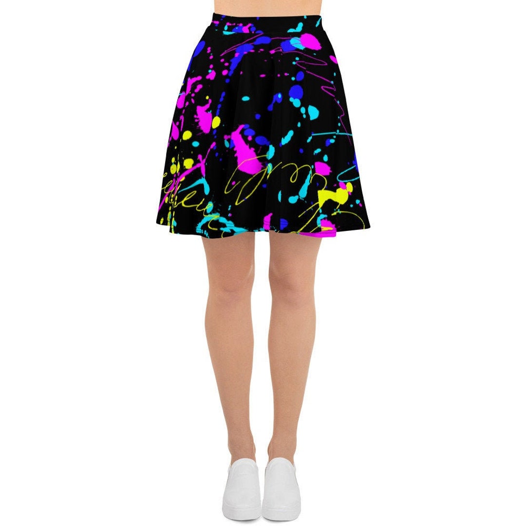 Womens Skater Skirt, Circle Skirt, Neon Retro Paint Splatter Skirt