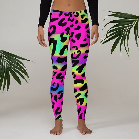 Womens Leggings, Retro 80s Neon Leggings, Animal Print Neon Stretch Leggings,  Womens Yoga Pants, Polyester Spandex Leggings XS S M L XL Size 