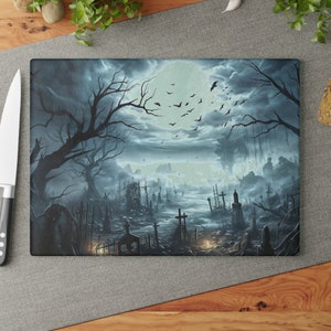 Tempered Glass Cutting Board, Halloween Bats Graveyard Cutting Board, Glass Cutting Board, 2 Sizes, Kitchen Accessories, Kitchen Tools