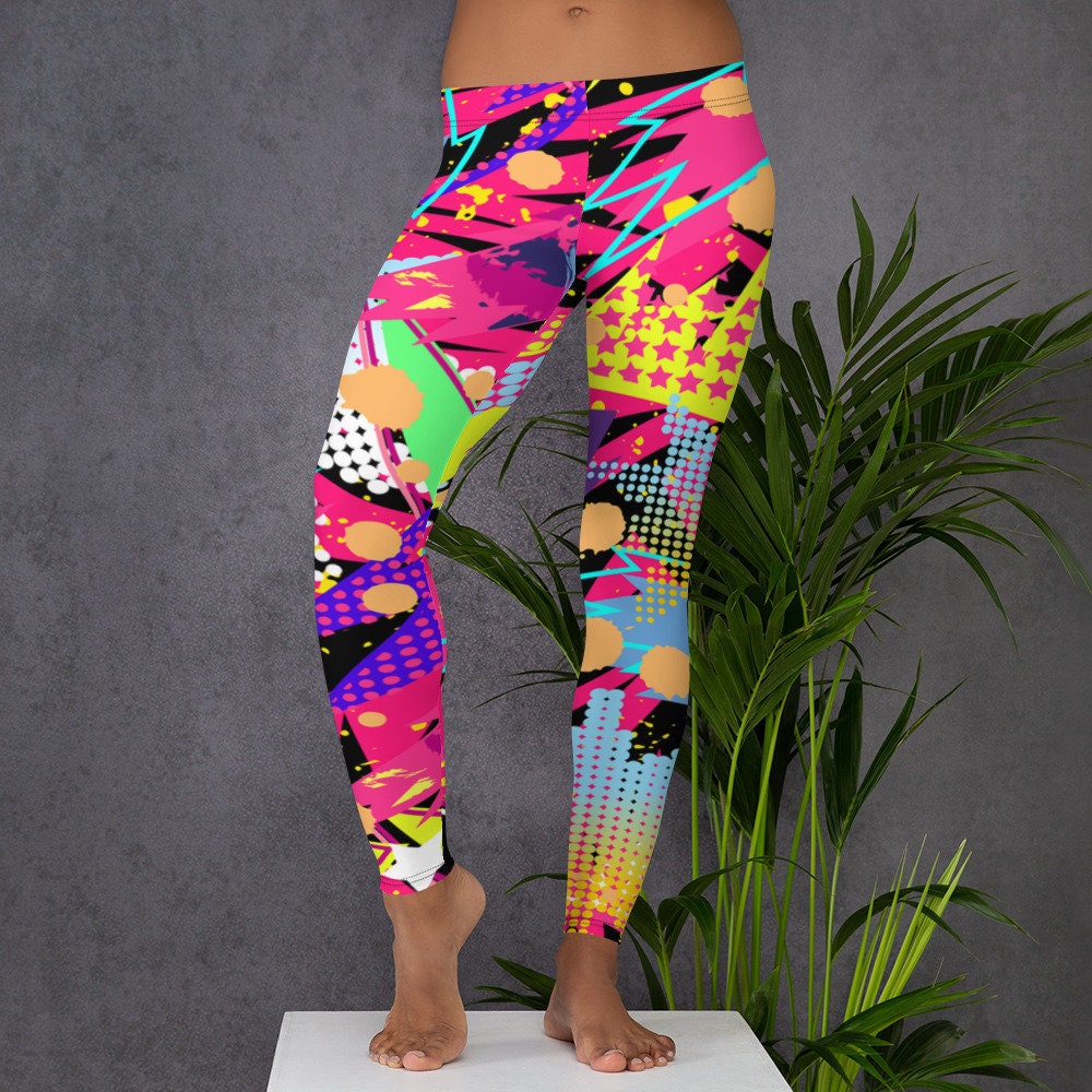 Womens Leggings, Retro 80's 90's Neon Leggings, Abstract Stretch Leggings,  Womens Yoga Pants, Polyester Spandex Leggings XS S M L XL Size 