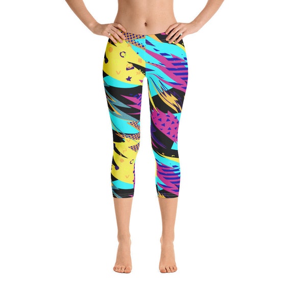 Womens Capri Leggings, Retro 80's 90's Neon Leggings, Paint Stretch Capri's,  Womens Yoga Pants, Polyester Spandex Capri XS S M L XL Size, 