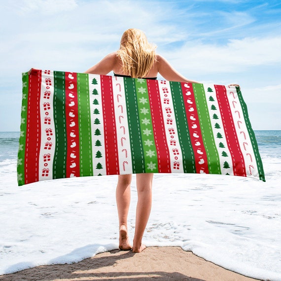 Toalla de playa grande, toalla de 30 x 60 pulgadas, toalla de baño, toalla  de impresión de reno de Navidad, toalla personalizada de vacaciones del