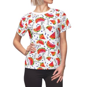 Women&#39;s Watermelon Slices Print Tee, Lightweight Polyester Tee Shirt, Tagless Tee, Sizes XS-2XL, Womens Fruit Food Shirt Clothing Apparel