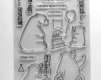 Momma Baby Bear, Birthday Presents Balloons, Cake, Clear Stamps with Sentiments Style #2