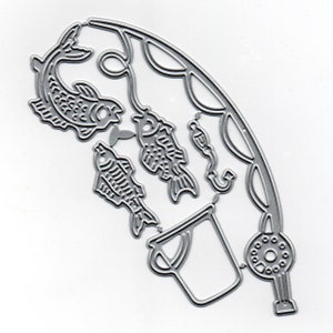 May include: Metal die cut for crafting featuring a fishing rod, two fish, a bucket, and a fishing reel. The die cut is silver in color.