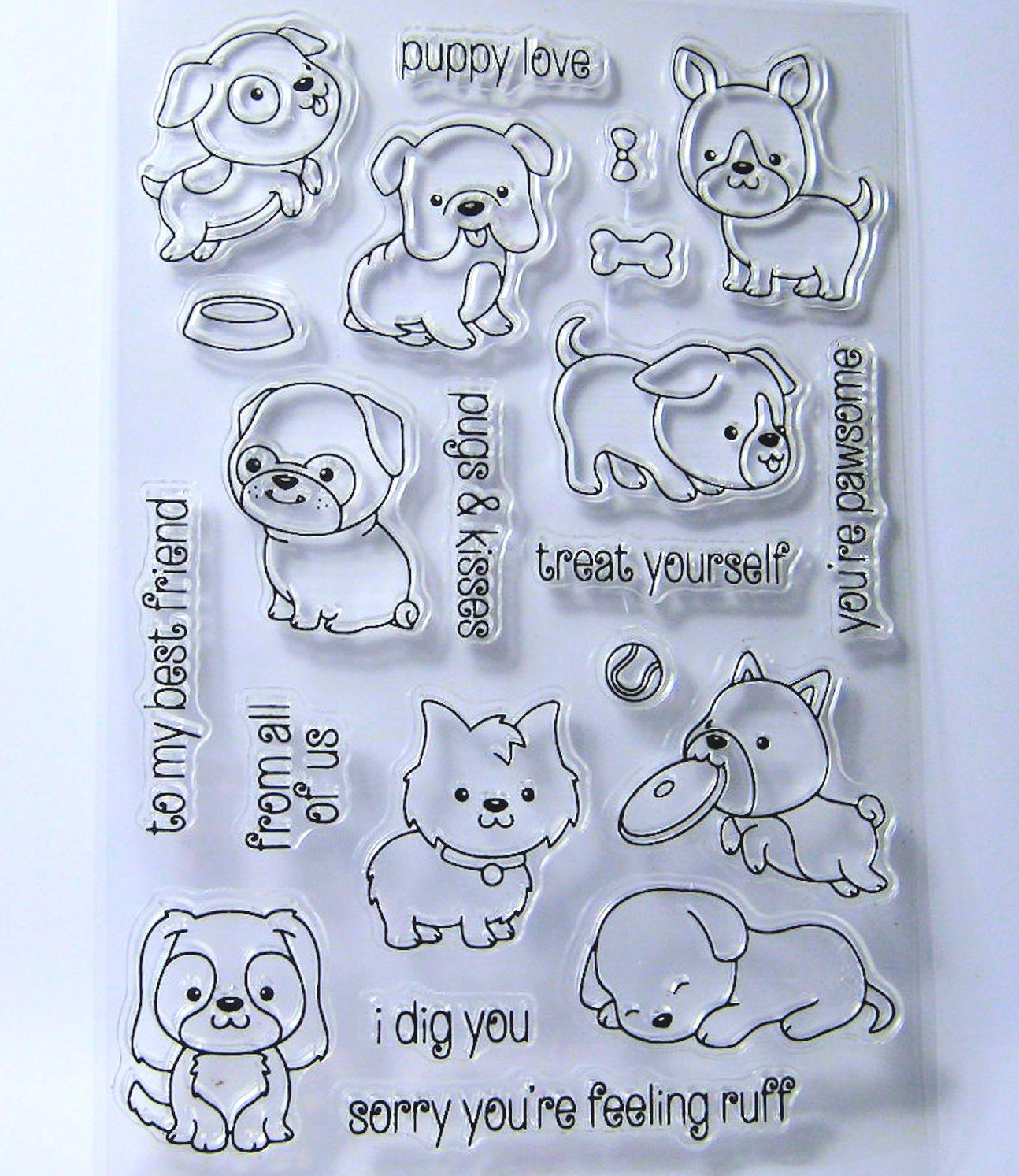 Puppy Dogs, Dish, Ball, Bone Clear Stamps with Sentiments