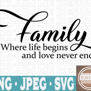 Puede incluir: Diseño gráfico en blanco y negro con el texto "Family" en una fuente estilizada. El texto "Where life begins and love never ends." está debajo de la palabra "Family".