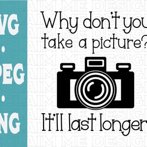 Puede incluir: Diseño gráfico en blanco y negro con una cámara y el texto "¿Por qué no te tomas una foto? ¡Durará más tiempo!"