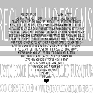 May include: A rustic home decor sign with the text "She knew she caught my eye" and other song lyrics in a heart shape. The sign also includes the words "Rustic Home Decor" and a website address.