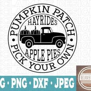 May include: Black and white graphic design of a pumpkin patch sign with a truck, pumpkins, and the text "Pumpkin Patch, Hayrides, Apple Pies, Pick Your Own".
