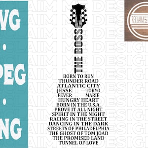 May include: Black and white graphic of a guitar with the text "Born to Run", "Thunder Road", "Atlantic City", "Jesse", "Tokyo", "Fever", "Marie", "Hungry Heart", "Born in the U.S.A.", "Prove it All Night", "Spirit in the Night", "Racing in the Street", "Dancing in the Dark", "Streets of Philadelphia", "The Ghost of Tom Joad", "The Promised Land", and "Tunnel of Love" printed vertically along the guitar.