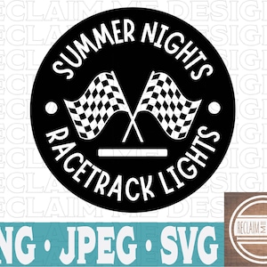 May include: Black and white circle design with the text "Summer Nights Racetrack Lights" and a checkered flag graphic.