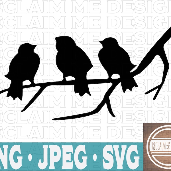 Drei kleine Vögel auf einem Zweig Silhouette SVG, PNG und JPEG-Datei