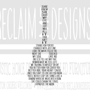 May include: Black and white text art design with the words "Reclaim Designs" and a song lyric about a woman who changed the speaker's life. The text reads "She knew she caught my eye and that was all it took ain't it. Strange how forever changed with just one look the magic filled the night she touched my soul yes the way that one else made me feel left me talking to myself oh oh you better run for cover you better hide your heart 'cause once you start to love her you know you'll never stop she shines like a diamond when she walks into a room she could charm the stars hypnotize the moon."