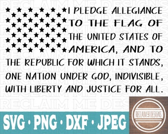 May include: Black and white image of a stylized American flag with 50 stars. The text "I pledge allegiance to the flag of the United States of America, and to the republic for which it stands, one nation under God, indivisible, with liberty and justice for all." is below the flag.