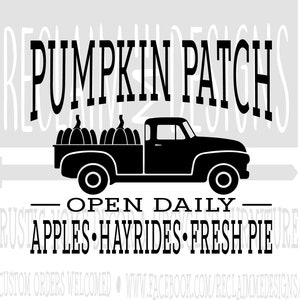 May include: Black and white silhouette of a pickup truck with pumpkins in the bed. The truck is driving towards the right. The text "PUMPKIN PATCH" is above the truck. Below the truck is the text "OPEN DAILY" and "APPLES•HAYRIDES•FRESH PIE".