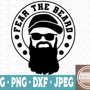 May include: Black and white graphic design of a man with a beard and a baseball cap. The text "Fear the Beard" is in a circle around the man's head.