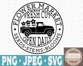 May include: Black and white illustration of a pickup truck with flowers in the back, driving towards a circular sign that says "Flower Market Fresh Cut Seeds Stems Blooms Open Daily".