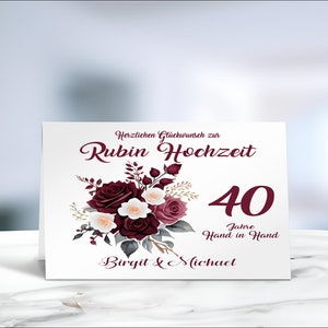 Rubinhochzeit • Klappkarte • Glückwunschkarte • Postkarte • 40 Jahre  • personalisiert • LN8