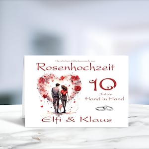 Rosenhochzeit • Hochzeit • 10 Hochzeitstag  • Glückwunschkarte • Rosenhochzeit Karte • Hochzeitskarte  • personalisiert • LN4 • Motiv 7 - 20