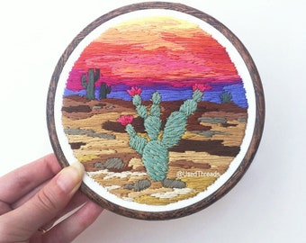 DIY embroidery pattern Desert sunset downloadable pattern - hand embroidery thread painting. How to with instructions